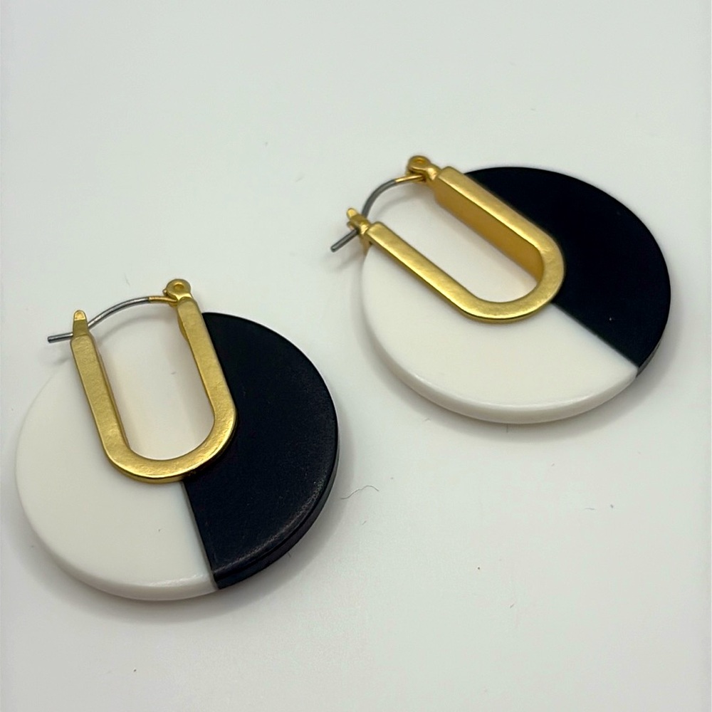 Anthropologie Black Agate and White Agate Hoop Earrings By Darbie Angell NWOTS